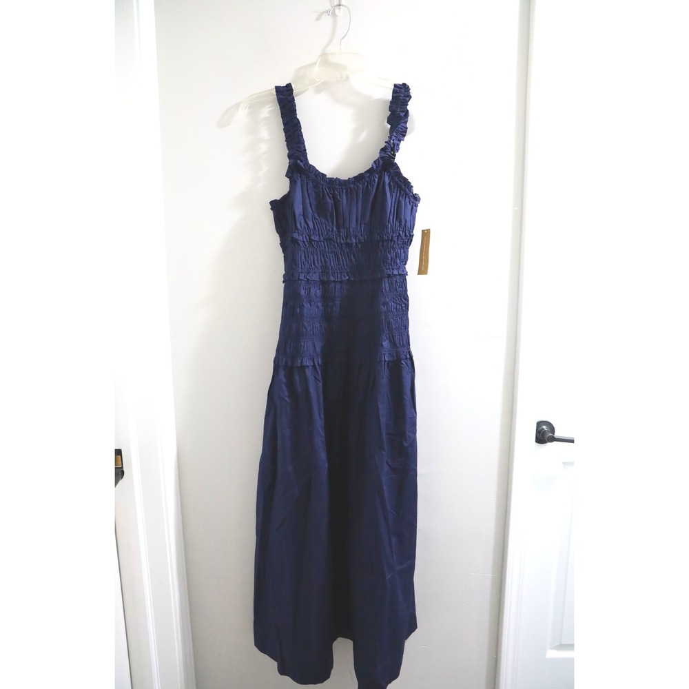 o.p.t Freya Cotton Navy Blue Smocked Ruffle Midi Dress XS